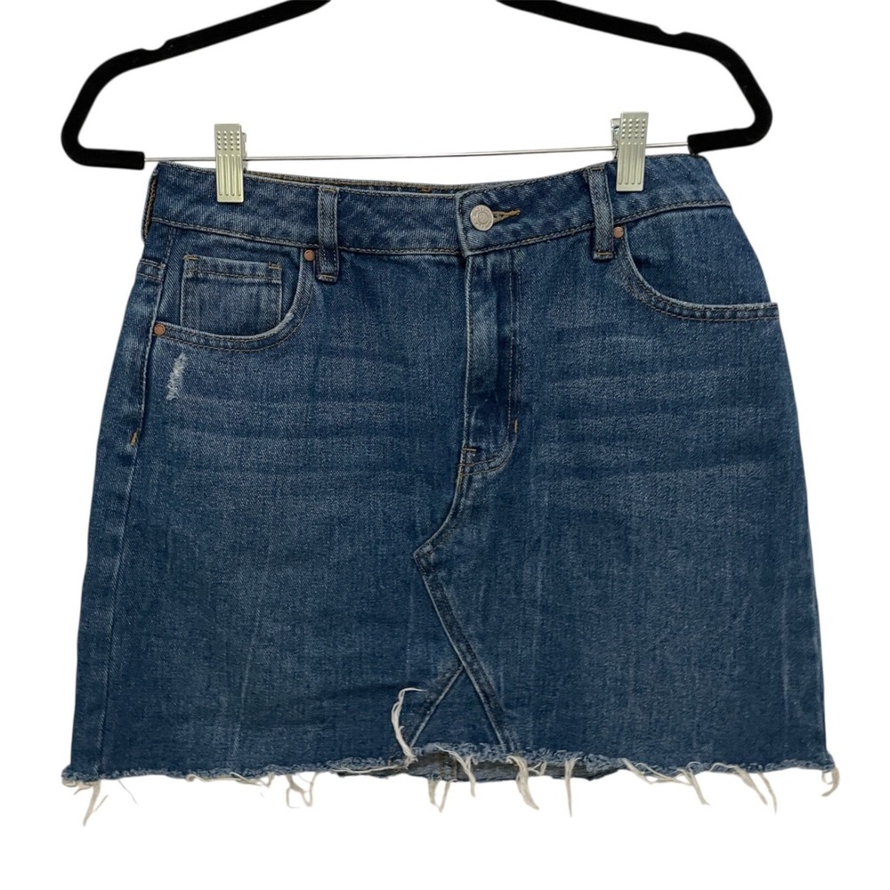 PacSun Denim Mini Skirt Blue Distressed Raw Hem Cotton Casual Jean Skirt Sz 27
